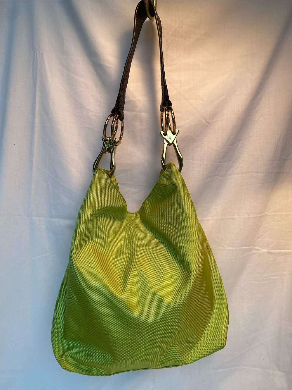 JPK Paris Stylish Lime Green Nylon Hobo Bag with Dark Strap